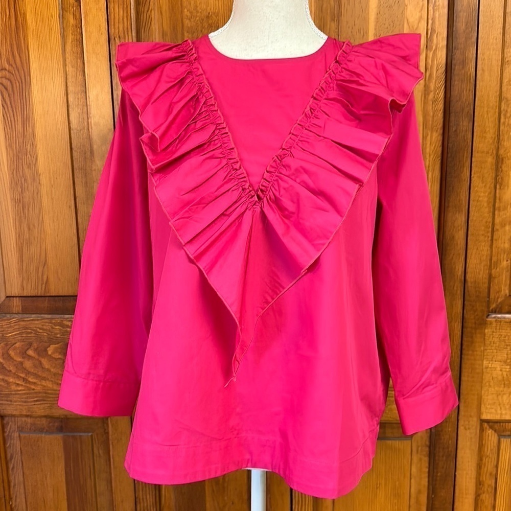 Anthropologie Guest Editor Deep Pink Ruffled ButtonDown Back Cotton Blouse M